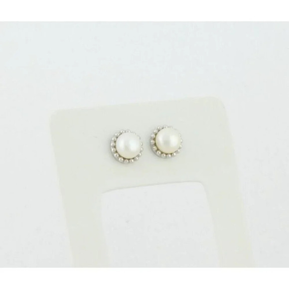 14k White Gold 8mm Freshwater Pearl Earrings Stud Post - Picture 6 of 9